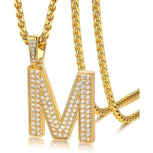 U7 Gold Initial Number Necklace for Men Women, 18K Gold/Silver Plated Diamond CZ Letter Pendant Necklace Big A-Z 0-9 Hip Hop Jersey, Customerized Letter Wheat Chain 22 Inch for Athletes Rappers(M-Gold)