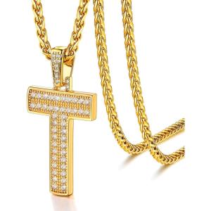 U7 Gold Initial Number Necklace for Men Women, 18K Gold/Silver Plated Diamond CZ Letter Pendant Necklace Big A-Z 0-9 Hip Hop Jersey, Customerized Letter Wheat Chain 22 Inch for Athletes Rappers(T-Gold)