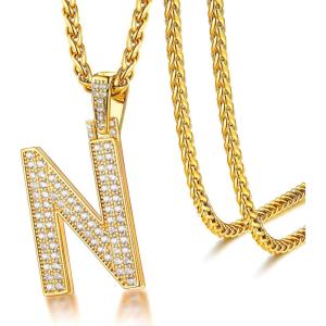 U7 Gold Initial Number Necklace for Men Women, 18K Gold/Silver Plated Diamond CZ Letter Pendant Necklace Big A-Z 0-9 Hip Hop Jersey, Customerized Letter Wheat Chain 22 Inch for Athletes Rappers(N-Gold)