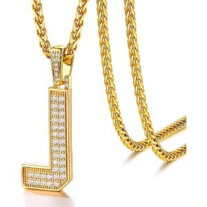 U7 Gold Initial Number Necklace for Men Women, 18K Gold/Silver Plated Diamond CZ Letter Pendant Necklace Big A-Z 0-9 Hip Hop Jersey, Customerized Letter Wheat Chain 22 Inch for Athletes Rappers(J-Gold)