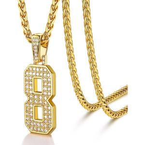 U7 Gold Initial Number Necklace for Men Women, 18K Gold/Silver Plated Diamond CZ Letter Pendant Necklace Big A-Z 0-9 Hip Hop Jersey, Customerized Letter Wheat Chain 22 Inch for Athletes Rappers(8-Gold)
