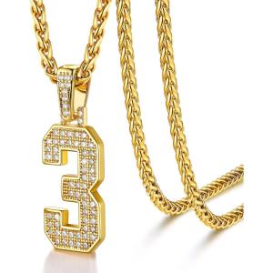 U7 Gold Initial Number Necklace for Men Women, 18K Gold/Silver Plated Diamond CZ Letter Pendant Necklace Big A-Z 0-9 Hip Hop Jersey, Customerized Letter Wheat Chain 22 Inch for Athletes Rappers(3-Gold)