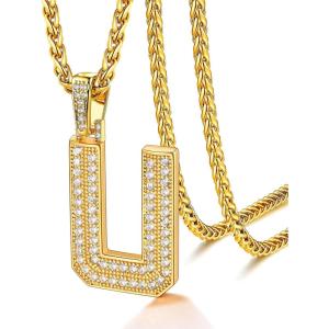 U7 Gold Initial Number Necklace for Men Women, 18K Gold/Silver Plated Diamond CZ Letter Pendant Necklace Big A-Z 0-9 Hip Hop Jersey, Customerized Letter Wheat Chain 22 Inch for Athletes Rappers(U-Gold)