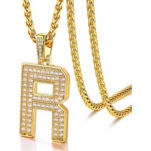 U7 Gold Initial Number Necklace for Men Women, 18K Gold/Silver Plated Diamond CZ Letter Pendant Necklace Big A-Z 0-9 Hip Hop Jersey, Customerized Letter Wheat Chain 22 Inch for Athletes Rappers(R-Gold)