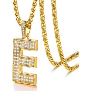U7 Gold Initial Number Necklace for Men Women, 18K Gold/Silver Plated Diamond CZ Letter Pendant Necklace Big A-Z 0-9 Hip Hop Jersey, Customerized Letter Wheat Chain 22 Inch for Athletes Rappers(E-Gold)
