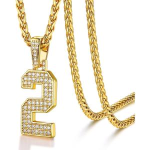 U7 Gold Initial Number Necklace for Men Women, 18K Gold/Silver Plated Diamond CZ Letter Pendant Necklace Big A-Z 0-9 Hip Hop Jersey, Customerized Letter Wheat Chain 22 Inch for Athletes Rappers(2-Gold)