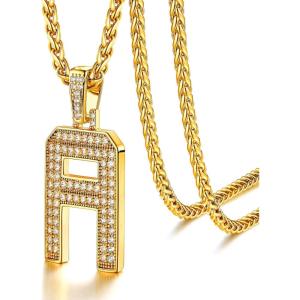 U7 Gold Initial Number Necklace for Men Women, 18K Gold/Silver Plated Diamond CZ Letter Pendant Necklace Big A-Z 0-9 Hip Hop Jersey, Customerized Letter Wheat Chain 22 Inch for Athletes Rappers(A-Gold)