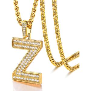 U7 Gold Initial Number Necklace for Men Women, 18K Gold/Silver Plated Diamond CZ Letter Pendant Necklace Big A-Z 0-9 Hip Hop Jersey, Customerized Letter Wheat Chain 22 Inch for Athletes Rappers(Z-Gold)