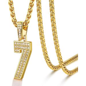 U7 Gold Initial Number Necklace for Men Women, 18K Gold/Silver Plated Diamond CZ Letter Pendant Necklace Big A-Z 0-9 Hip Hop Jersey, Customerized Letter Wheat Chain 22 Inch for Athletes Rappers(7-Gold)