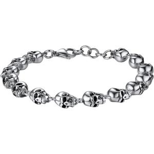 U7 Gothic Skull Bracelets for Men Women, Stainless Steel/18K Gold Plated/Silver Black Punk Skeleton Head Chain Bracelet Party Accessories for Rapper Biker(03 Skull/Stainless(Small))