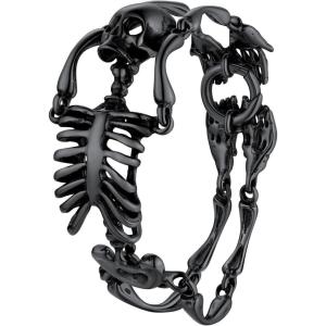 U7 Gothic Skull Bracelets for Men Women, Stainless Steel/18K Gold Plated/Silver Black Punk Skeleton Head Chain Bracelet Party Accessories for Rapper Biker(01 Skeleton/Black(Large))