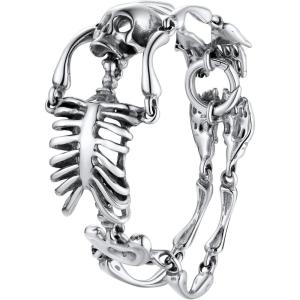 U7 Gothic Skull Bracelets for Men Women, Stainless Steel/18K Gold Plated/Silver Black Punk Skeleton Head Chain Bracelet Party Accessories for Rapper Biker(01 Skeleton/Stainless(Large))