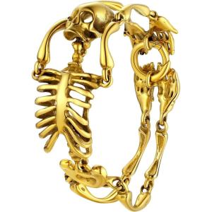 U7 Gothic Skull Bracelets for Men Women, Stainless Steel/18K Gold Plated/Silver Black Punk Skeleton Head Chain Bracelet Party Accessories for Rapper Biker(01 Skeleton/Gold(Large))