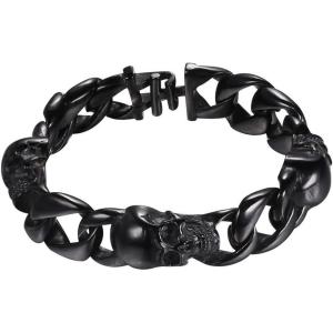 U7 Gothic Skull Bracelets for Men Women, Stainless Steel/18K Gold Plated/Silver Black Punk Skeleton Head Chain Bracelet Party Accessories for Rapper Biker(02 Skull/Black(Medium))