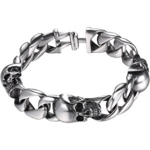 U7 Gothic Skull Bracelets for Men Women, Stainless Steel/18K Gold Plated/Silver Black Punk Skeleton Head Chain Bracelet Party Accessories for Rapper Biker(02 Skull/Stainless(Medium))