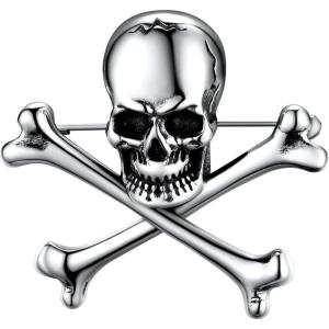 U7 Gothic Skull Brooches Pin for Halloween Men Women Stainless Steel Silver Black Viking Rune/Wolf Head/Deer/Spider Animal Gothic Brooch Scarf Dress Lapel Pins(Criss Bone Skull)