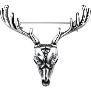 U7 Gothic Skull Brooches Pin for Halloween Men Women Stainless Steel Silver Black Viking Rune/Wolf Head/Deer/Spider Animal Gothic Brooch Scarf Dress Lapel Pins(Antler Deer)