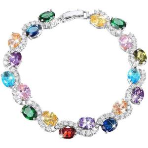 U7 Green Emerald/Blue/Red/Colorful Tennis Bracelets, 18K Gold Plated Platinum Link Chain Diamond Cut Simulated Gem Crystal Bracelet,Resizable Length 6-8 Inches,Wedding Mothers Day Gift for Women(Platinum & Colorful Stone)