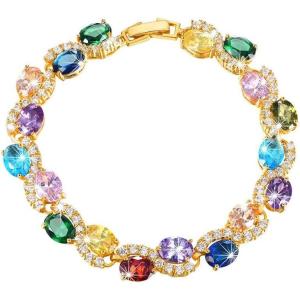 U7 Green Emerald/Blue/Red/Colorful Tennis Bracelets, 18K Gold Plated Platinum Link Chain Diamond Cut Simulated Gem Crystal Bracelet,Resizable Length 6-8 Inches,Wedding Mothers Day Gift for Women(Gold & Colorful Stone)