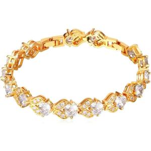 U7 Green Emerald/Blue/Red/Colorful Tennis Bracelets, 18K Gold Plated Platinum Link Chain Diamond Cut Simulated Gem Crystal Bracelet,Resizable Length 6-8 Inches,Wedding Mothers Day Gift for Women(Gold & White)