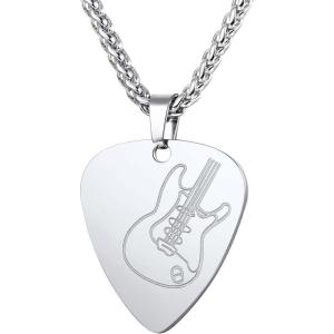 U7 Hip Hop Punk Music Necklace, Guitar Pick/Guitar/Microphone/Headphone Pendant with Chain for Men & Women, Stainless Steel R&B Music Jewelry, Silver/Gold/Black, Customizable(Silver)