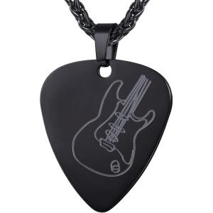 U7 Hip Hop Punk Music Necklace, Guitar Pick/Guitar/Microphone/Headphone Pendant with Chain for Men & Women, Stainless Steel R&B Music Jewelry, Silver/Gold/Black, Customizable(Black)