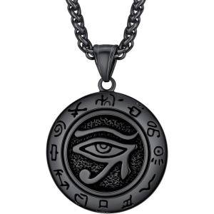 U7 Horus Necklaces for Men Women, Stainless Steel/Black/Gold Plated Ankh Cross Egyptian Symbol Jewelry, Eye of Horrus Pendant with 22 Inch Chain(01.Black(round))