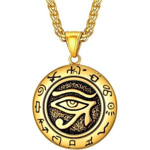 U7 Horus Necklaces for Men Women, Stainless Steel/Black/Gold Plated Ankh Cross Egyptian Symbol Jewelry, Eye of Horrus Pendant with 22 Inch Chain(01.Gold(round))