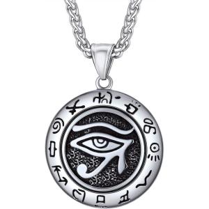 U7 Horus Necklaces for Men Women, Stainless Steel/Black/Gold Plated Ankh Cross Egyptian Symbol Jewelry, Eye of Horrus Pendant with 22 Inch Chain(01.Stainless(round))