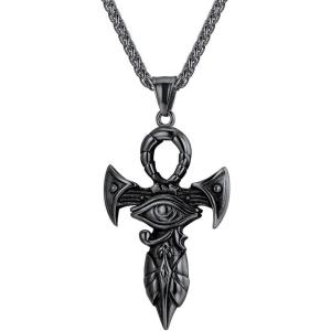 U7 Horus Necklaces for Men Women, Stainless Steel/Black/Gold Plated Ankh Cross Egyptian Symbol Jewelry, Eye of Horrus Pendant with 22 Inch Chain(02.Black(ankh horus))