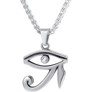 U7 Horus Necklaces for Men Women, Stainless Steel/Black/Gold Plated Ankh Cross Egyptian Symbol Jewelry, Eye of Horrus Pendant with 22 Inch Chain(03.Stainless(cz horus eye))