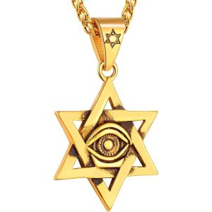 U7 Horus Necklaces for Men Women, Stainless Steel/Black/Gold Plated Ankh Cross Egyptian Symbol Jewelry, Eye of Horrus Pendant with 22 Inch Chain(04.Gold(star of david))