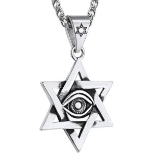 U7 Horus Necklaces for Men Women, Stainless Steel/Black/Gold Plated Ankh Cross Egyptian Symbol Jewelry, Eye of Horrus Pendant with 22 Inch Chain(04.Stainless(star of david))