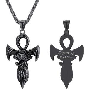U7 Horus Necklaces for Men Women, Stainless Steel/Black/Gold Plated Ankh Cross Egyptian Symbol Jewelry, Eye of Horrus Pendant with 22 Inch Chain(Black ankh horus-customized)