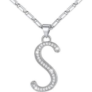 U7 Initial Necklace for Women, Gold/Platinum Plated CZ Crystal Letter A-Z Pendant Necklace, Shiny 20 Inch Name Chain Dainty Personalized Jewelry for Men Mom Wife Friend(c.Premium-Silver)