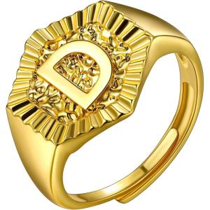 U7 Initial Ring Wedding Band for Men Women 18K Gold Plated Statement Hexagon A-Z Letter Jewelry Personalized Stackable Signet Rings(D)
