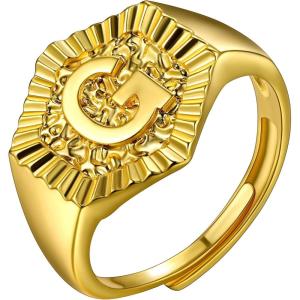 U7 Initial Ring Wedding Band for Men Women 18K Gold Plated Statement Hexagon A-Z Letter Jewelry Personalized Stackable Signet Rings(G)