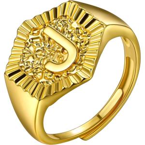 U7 Initial Ring Wedding Band for Men Women 18K Gold Plated Statement Hexagon A-Z Letter Jewelry Personalized Stackable Signet Rings(J)