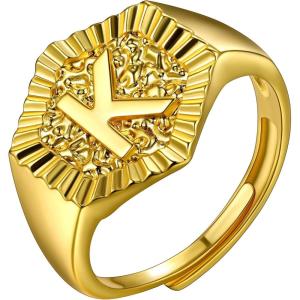 U7 Initial Ring Wedding Band for Men Women 18K Gold Plated Statement Hexagon A-Z Letter Jewelry Personalized Stackable Signet Rings(K)