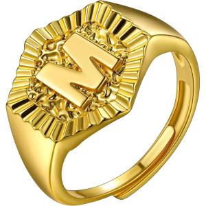 U7 Initial Ring Wedding Band for Men Women 18K Gold Plated Statement Hexagon A-Z Letter Jewelry Personalized Stackable Signet Rings(M)