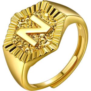 U7 Initial Ring Wedding Band for Men Women 18K Gold Plated Statement Hexagon A-Z Letter Jewelry Personalized Stackable Signet Rings(N)