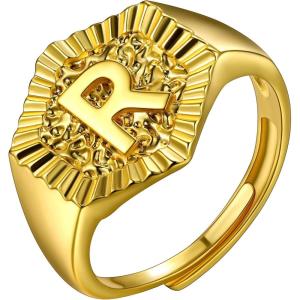 U7 Initial Ring Wedding Band for Men Women 18K Gold Plated Statement Hexagon A-Z Letter Jewelry Personalized Stackable Signet Rings(R)