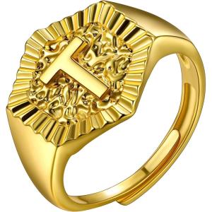 U7 Initial Ring Wedding Band for Men Women 18K Gold Plated Statement Hexagon A-Z Letter Jewelry Personalized Stackable Signet Rings(T)