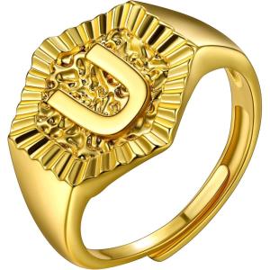 U7 Initial Ring Wedding Band for Men Women 18K Gold Plated Statement Hexagon A-Z Letter Jewelry Personalized Stackable Signet Rings(U)