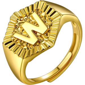 U7 Initial Ring Wedding Band for Men Women 18K Gold Plated Statement Hexagon A-Z Letter Jewelry Personalized Stackable Signet Rings(W)