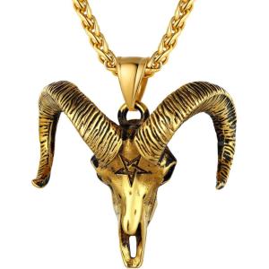U7 Inverted Cross Necklace, Upside Down Cross Pendant, Stainless Steel Jewelry Devil Necklaces, Baphomet Goat Head Pendant for Men Women(A.Goat head-gold)