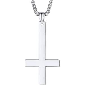 U7 Inverted Cross Necklace, Upside Down Cross Pendant, Stainless Steel Jewelry Devil Necklaces, Baphomet Goat Head Pendant for Men Women(B.Upside down cross-stainless steel)