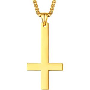 U7 Inverted Cross Necklace, Upside Down Cross Pendant, Stainless Steel Jewelry Devil Necklaces, Baphomet Goat Head Pendant for Men Women(B.Upside down cross-gold)