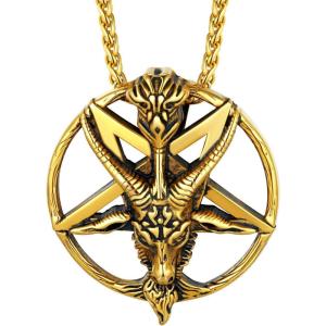U7 Inverted Cross Necklace, Upside Down Cross Pendant, Stainless Steel Jewelry Devil Necklaces, Baphomet Goat Head Pendant for Men Women(Baphomet-Gold)