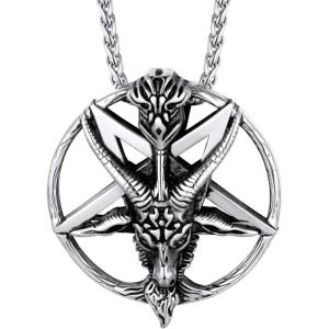 U7 Inverted Cross Necklace, Upside Down Cross Pendant, Stainless Steel Jewelry Devil Necklaces, Baphomet Goat Head Pendant for Men Women(Baphomet-Silver)